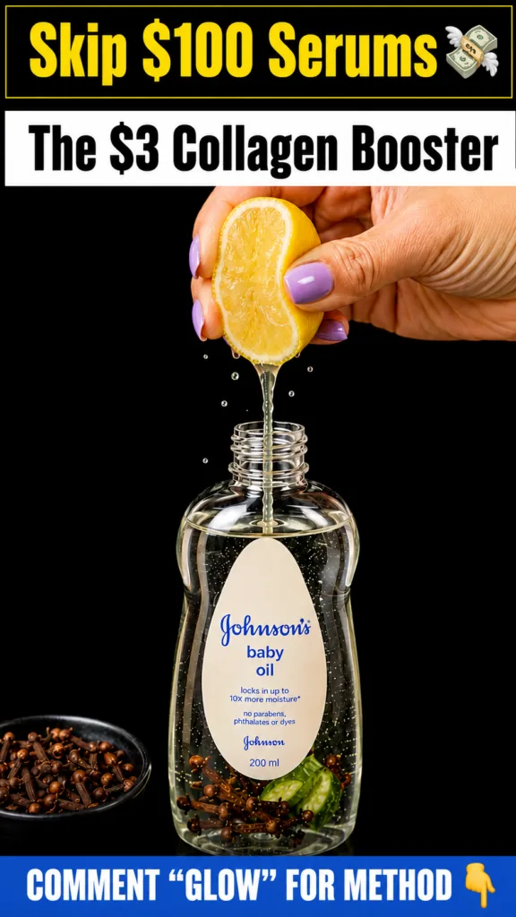 A hand squeezing a lemon with juice dripping into an open bottle of Johnson s baby oil that contains cloves and cucumber