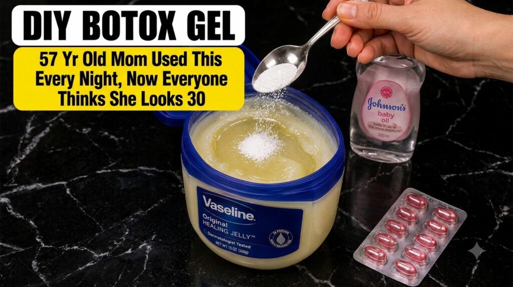 A hand pouring white baking soda powder into a tub of Vaseline with a bottle of baby oil in the background illustrating 