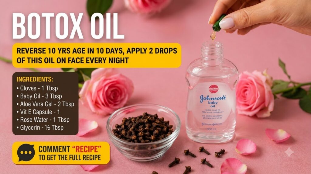 A flat lay composition showing a hand dripping oil from a dropper into a bottle of baby oil A bowl of cloves scattered c