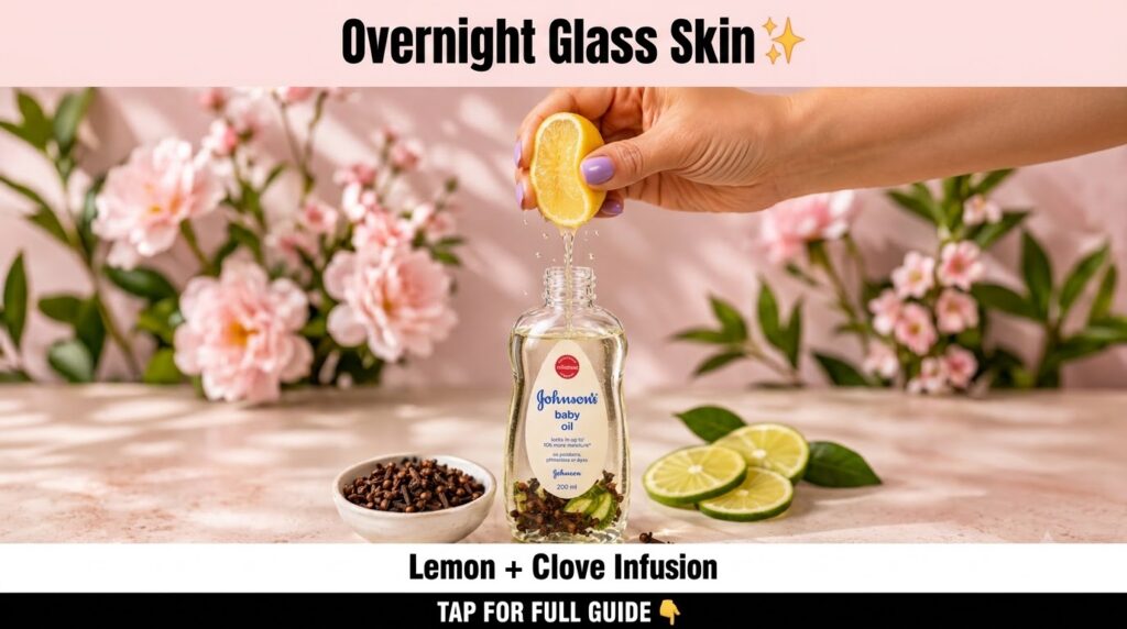 A hand squeezing a lemon with its juice dripping into a bottle of Johnson s baby oil which contains cloves and lime slic