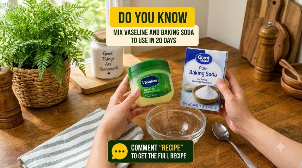 Hands holding a jar of Vaseline and a box of baking soda over a wooden table with a glass bowl and spoon nearby for prep