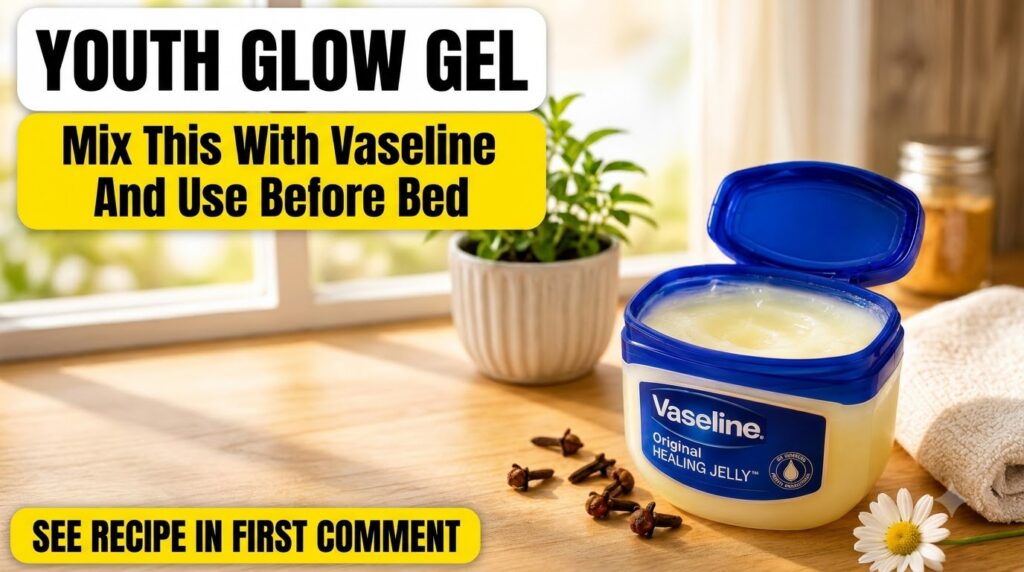 An open tub of Vaseline Original Healing Jelly on a warm wooden surface surrounded by scattered cloves and a white daisy