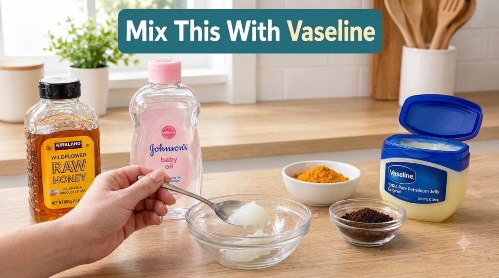A hand holding a spoon with Vaseline over a small clear mixing bowl with other DIY mask ingredients like honey turmeric 