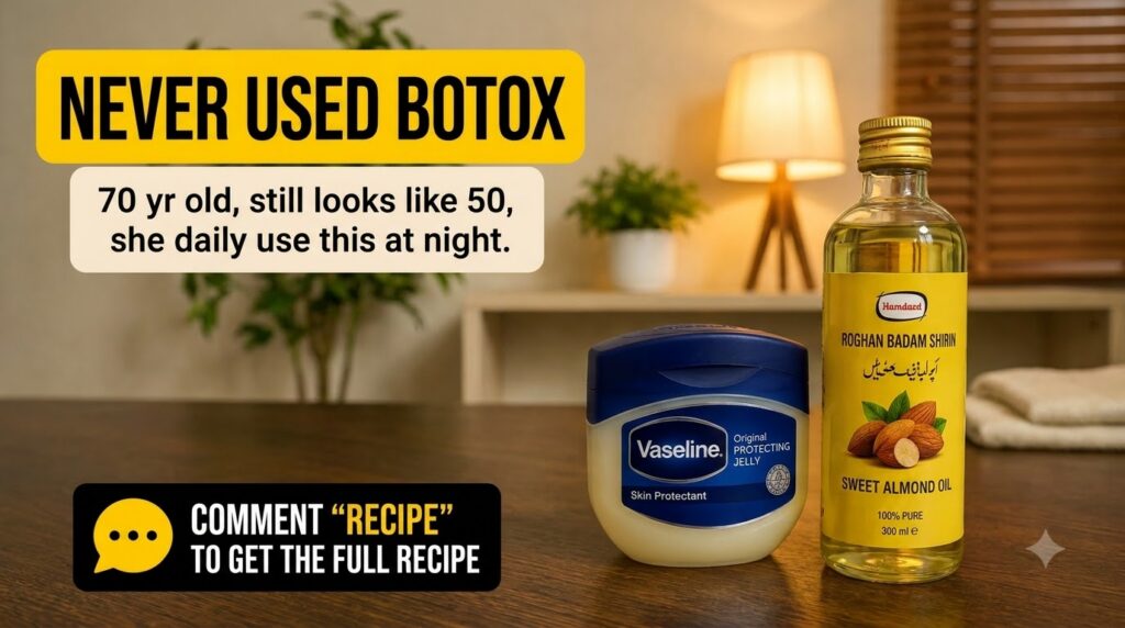 A tub of Vaseline Original Protecting Jelly and a bottle of Sweet Almond Oil placed on a light wooden surface in a soft-