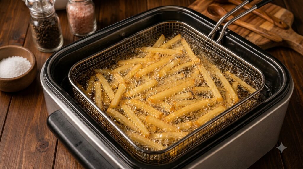 Close-up high-angle view of golden french fries actively deep-frying in a metal basket with hot oil bubbling vigorously