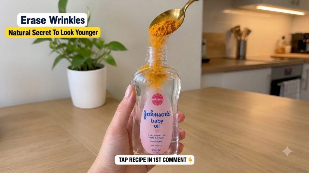 A hand holding a bottle of Johnson s baby oil with a golden spoon pouring vibrant orange turmeric powder into the bottle