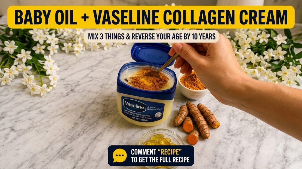 A hand gently mixing orange turmeric powder into a tub of Vaseline with a small golden spoon Raw turmeric roots and a bo