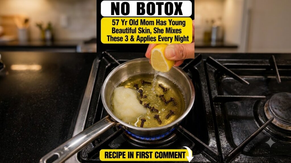 A hand squeezing a lemon into a small pot with a golden liquid a pale paste-like substance and whole cloves heating gent