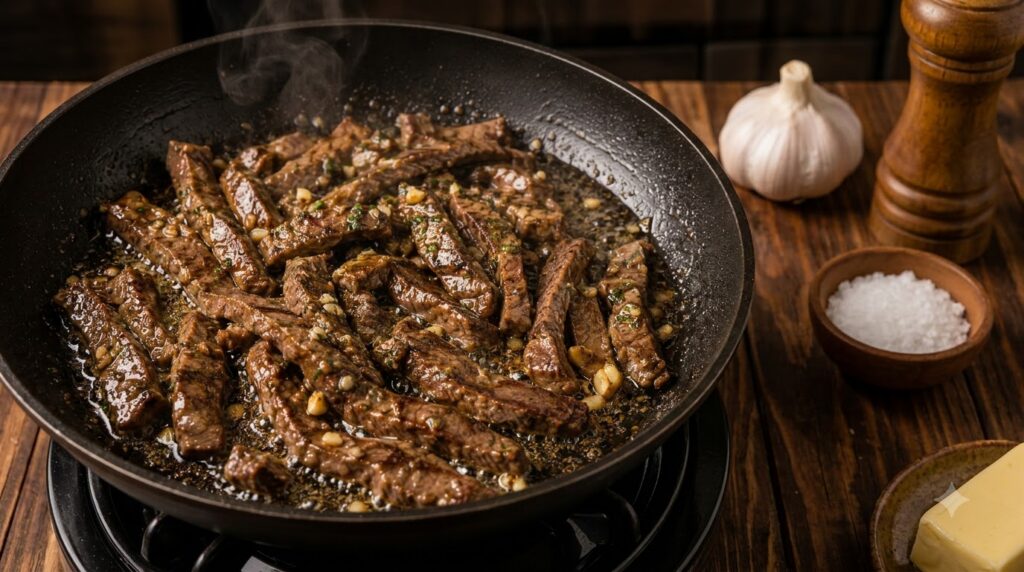 A close-up top-down view of sliced and seared king oyster mushrooms glistening in a hot frying pan coated in a sauce wit