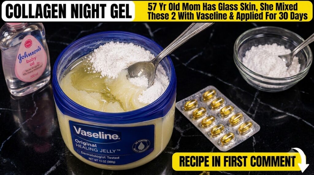 Close-up of a DIY beauty concoction with Vaseline white powder baking soda and baby oil being mixed in a bowl with golde