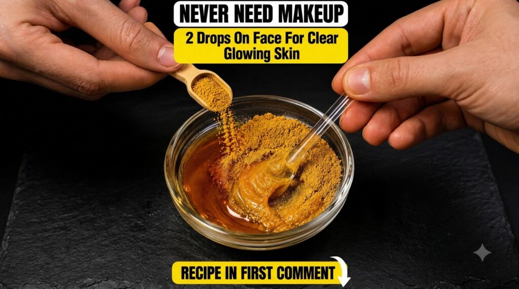 Ingredients for a homemade skin remedy specifically honey and turmeric being mixed in a bowl A wooden spoon is adding tu