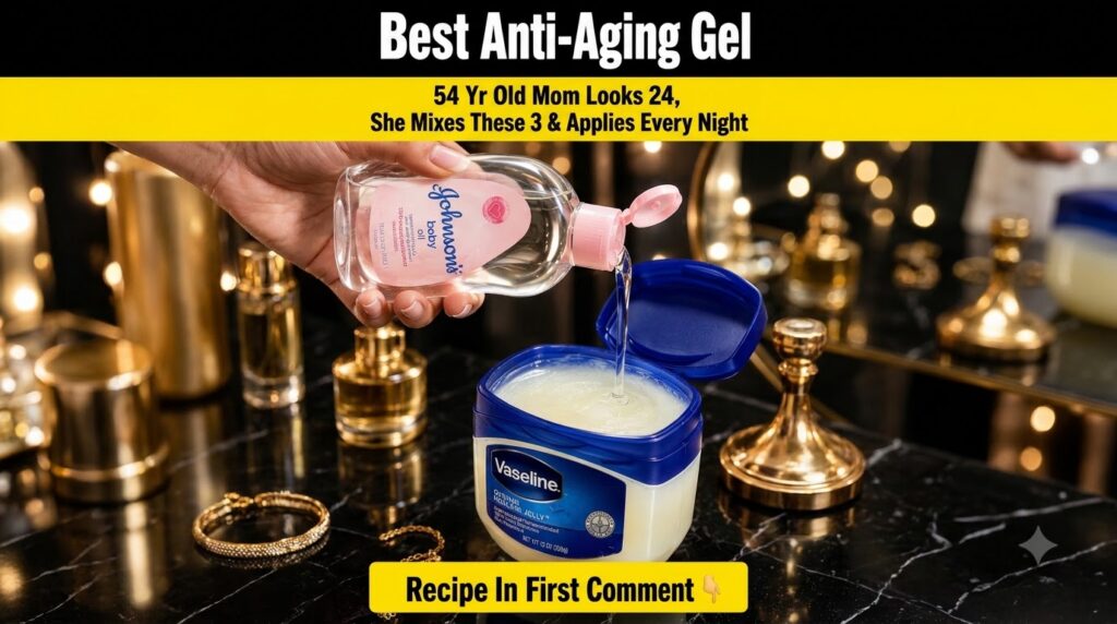 A hand pouring Johnson s baby oil into a tub of Vaseline Original Healing Jelly on a dark reflective marble surface