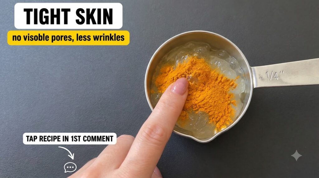Close-up overhead view of a silver measuring cup with clear gel and a pile of vibrant orange-yellow turmeric powder with