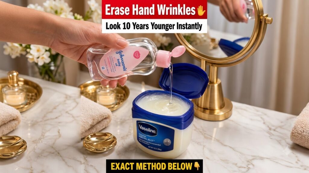 A close-up of a hand pouring Johnson s Baby Oil into a tub of Vaseline Original Healing Jelly on a marble counter