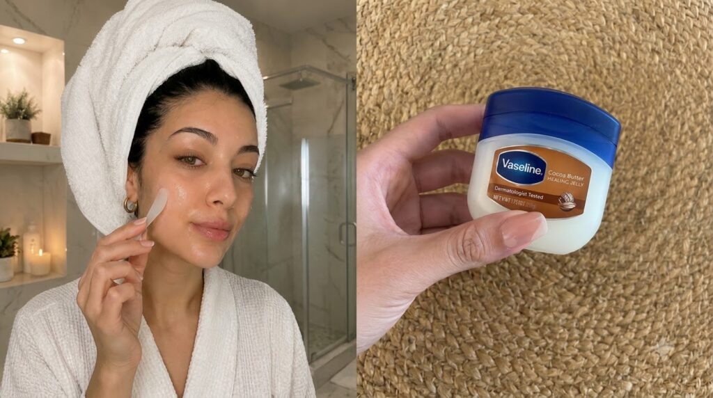 A woman applying a clear glossy product to her cheek with a spatula with a jar of Vaseline Cocoa Butter Healing Jelly he
