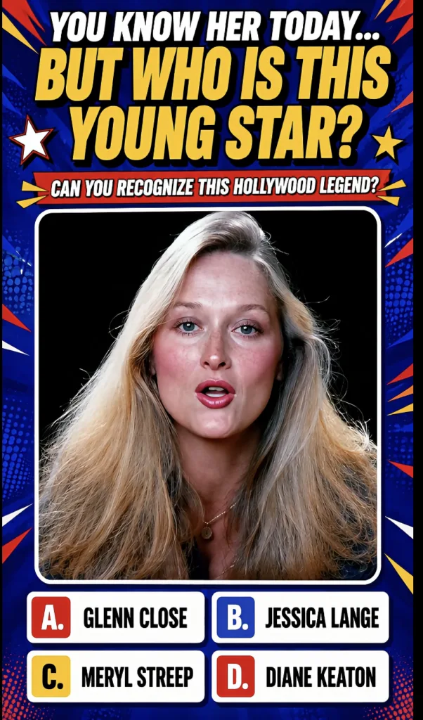 Quiz graphic featuring a headshot of a young Meryl Streep with quiz questions and multiple-choice options for actresses 