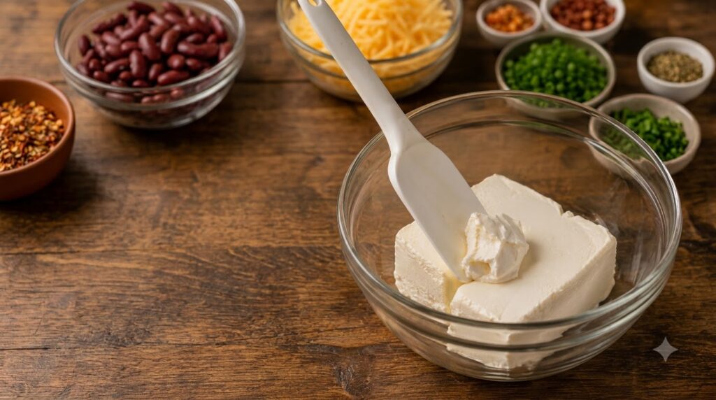 A clear glass bowl filled with blocks of vegan cream cheese with a white spatula holding a dollop In the background blur
