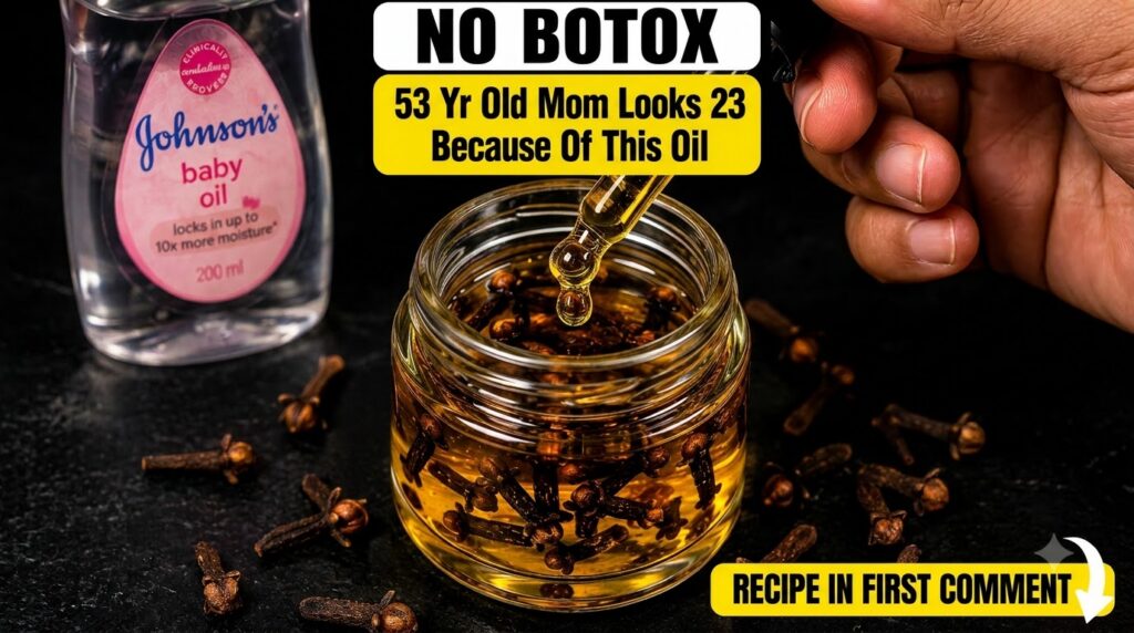 A glass jar filled with golden infused oil containing whole cloves with a dropper dispensing more oil A bottle of baby o