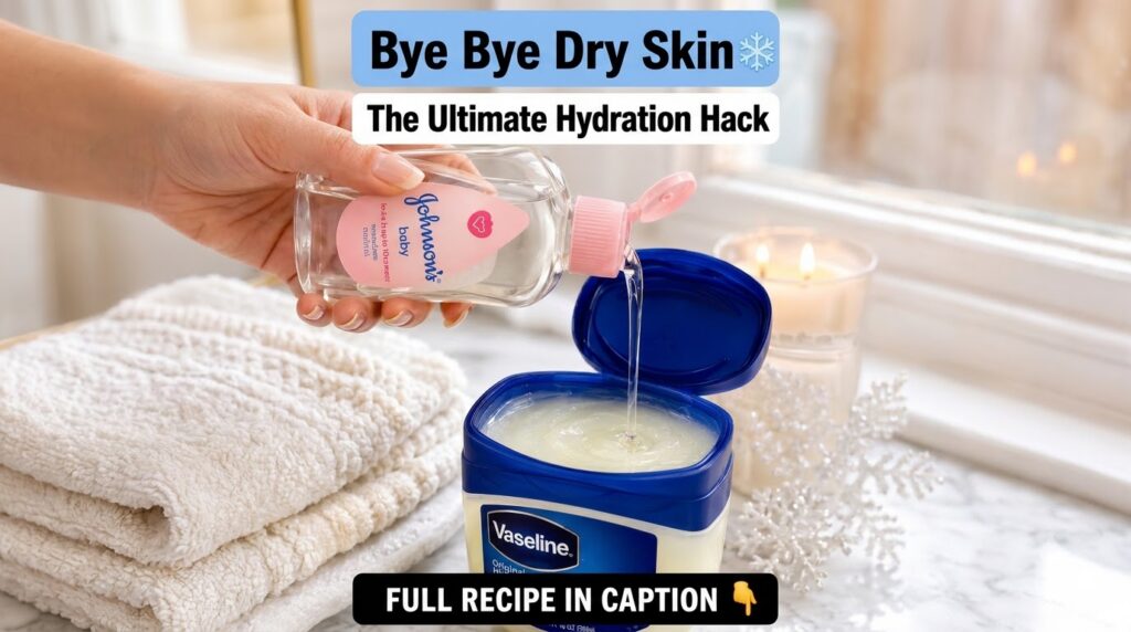 A hand pouring Johnson s Baby Oil into a tub of Vaseline Original Healing Jelly centered in an overhead shot The oil is 