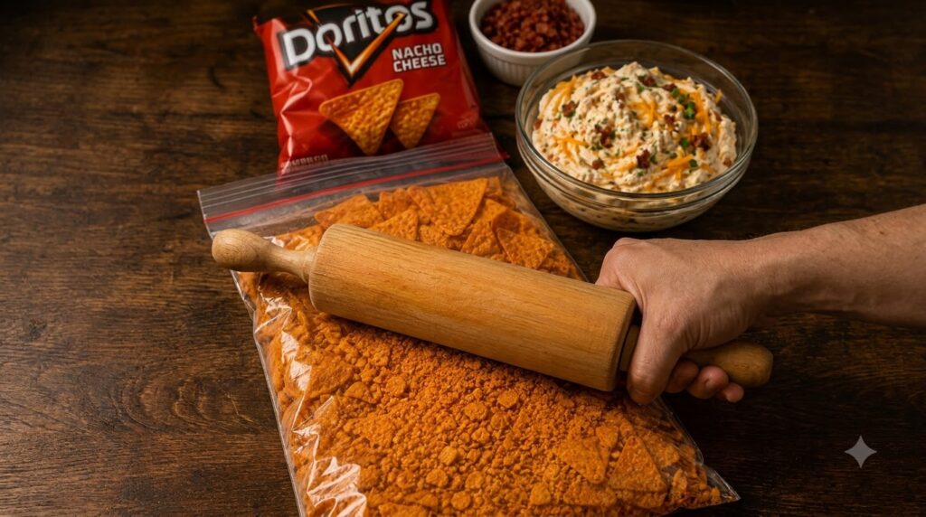 A hand using a wooden rolling pin to crush Nacho Cheese Doritos in a clear plastic bag