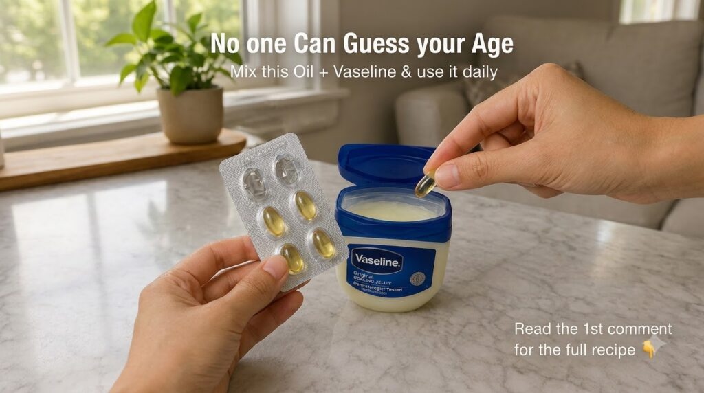 A person s hands holding a blister pack of golden oil capsules and an open tub of Vaseline Original Healing Jelly with o