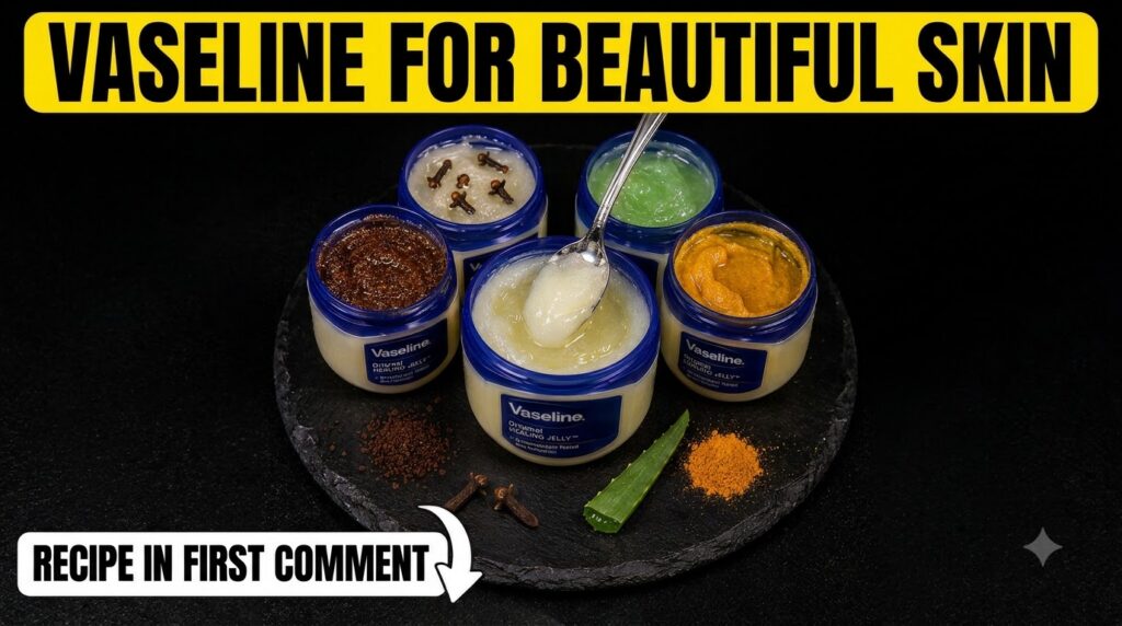 Five open jars of Vaseline each mixed with a different natural ingredient coffee grounds cloves aloe vera turmeric A spo