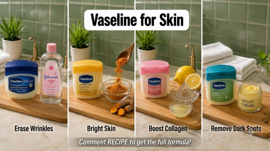 A multi-panel collage featuring various Vaseline products combined with natural ingredients like baby oil turmeric lemon