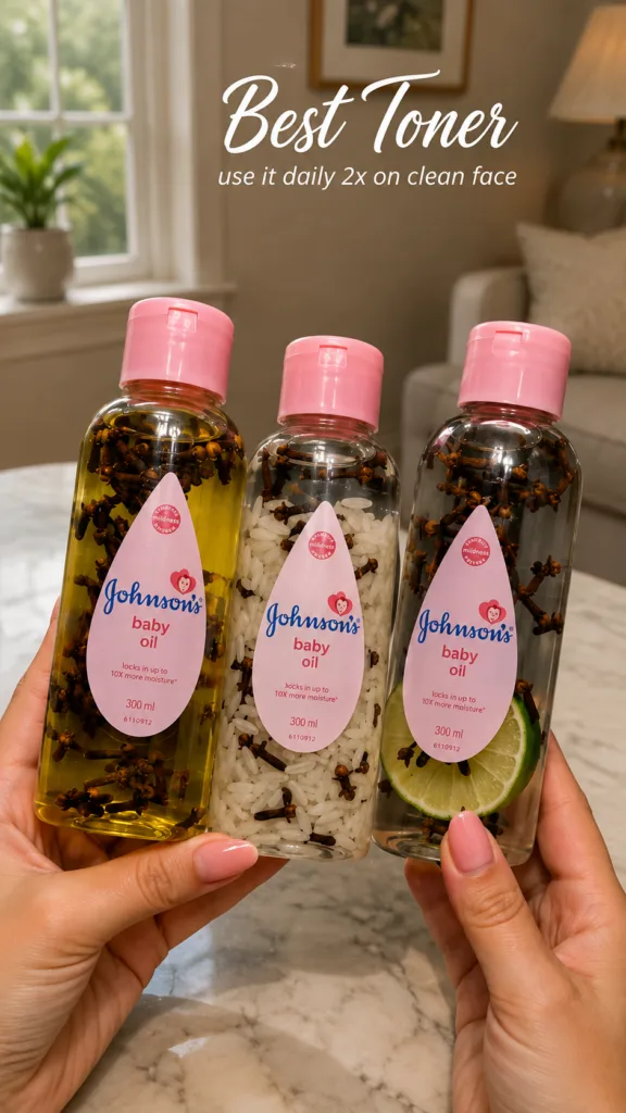 Three bottles of Johnson s baby oil infused with natural ingredients cloves in yellow oil rice and cloves in milky liqui