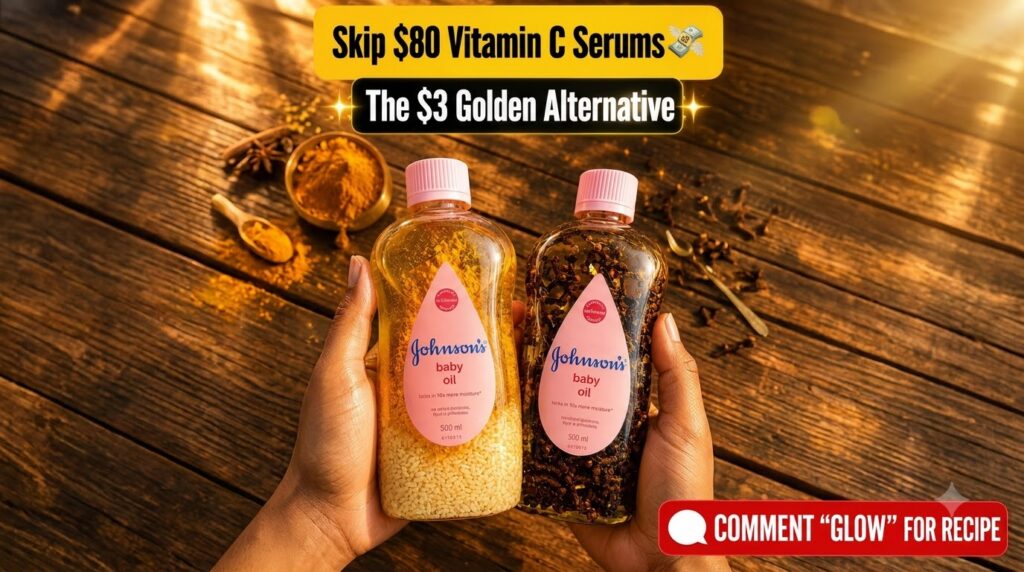 Two bottles of Johnson s baby oil one infused with rice and the other with turmeric powder placed on a rustic wooden sur