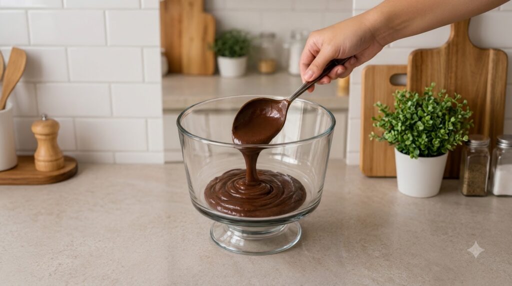 A close-up of a hand pouring thick glossy chocolate batter into a clear glass trifle bowl which already contains a swirl