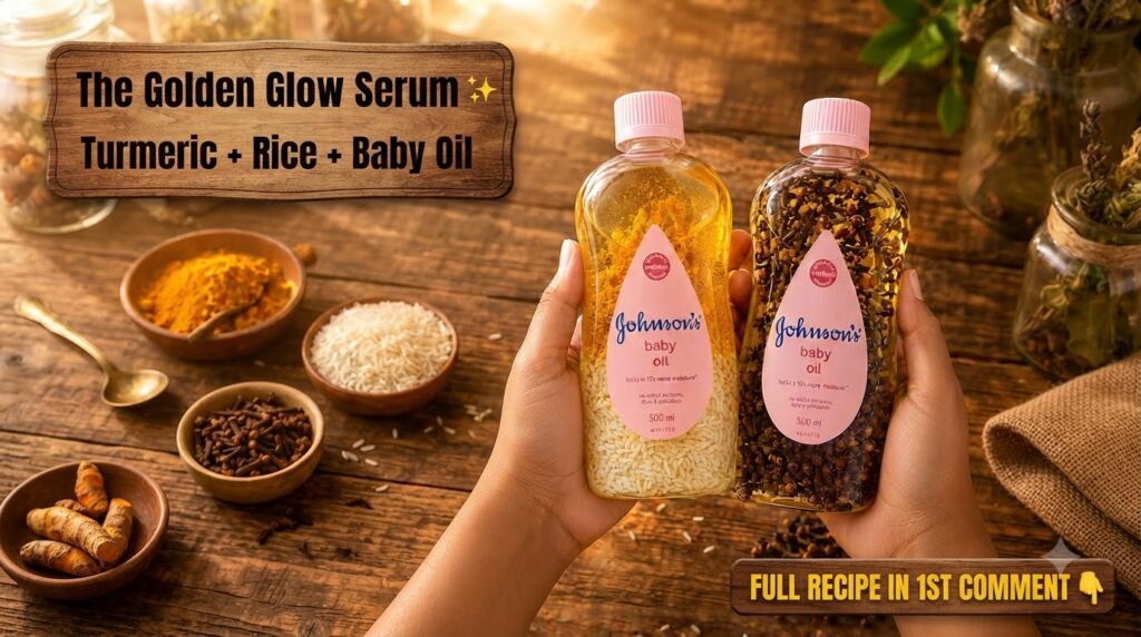 Two hands holding two distinct bottles of Johnson s baby oil each infused with natural ingredients like rice turmeric an