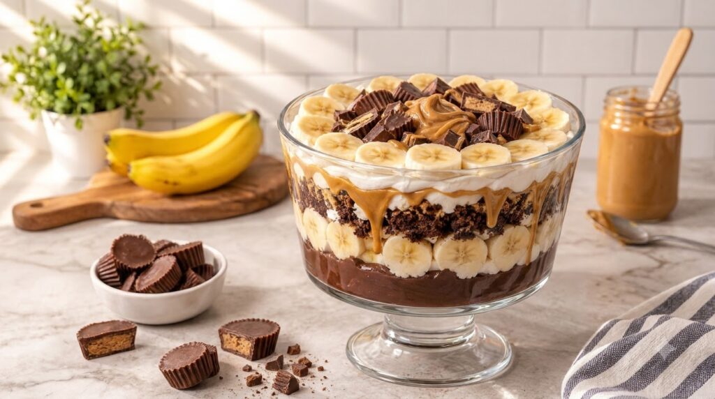 A decadent peanut butter banana chocolate trifle in a large glass bowl showing layers of dark chocolate sliced bananas c