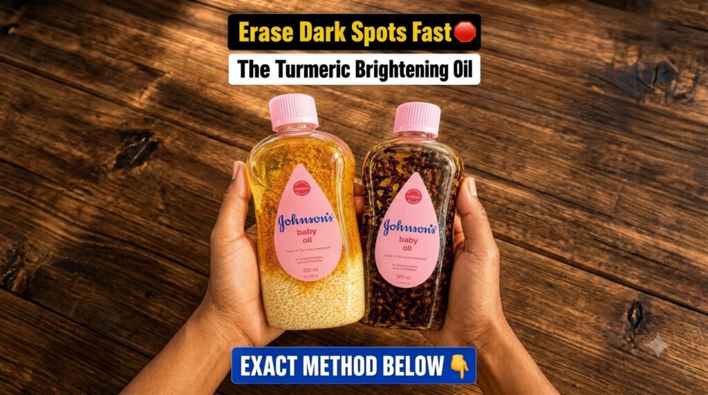 Two clear bottles of Johnson s baby oil held by hands against a warm wooden background One bottle contains white rice an
