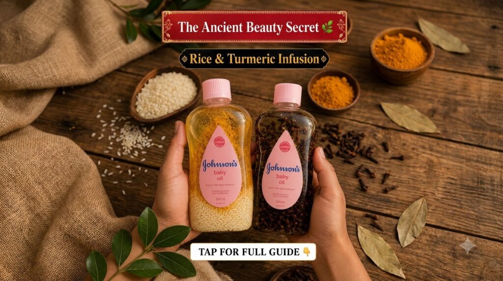 Two bottles of Johnson s baby oil one infused with rice grains and turmeric powder the other potentially with other natu