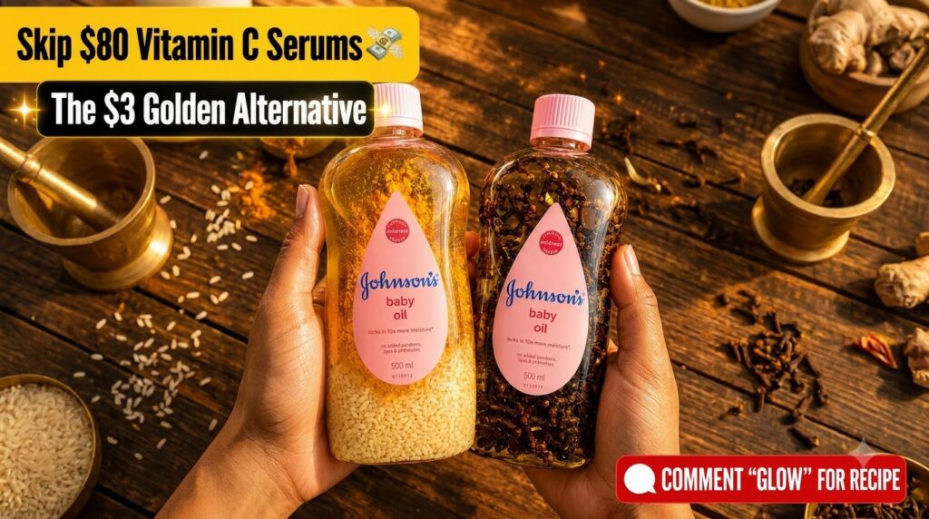 Two hands holding clear bottles of Johnson s baby oil infused with rice and cloves with turmeric powder in the backgroun