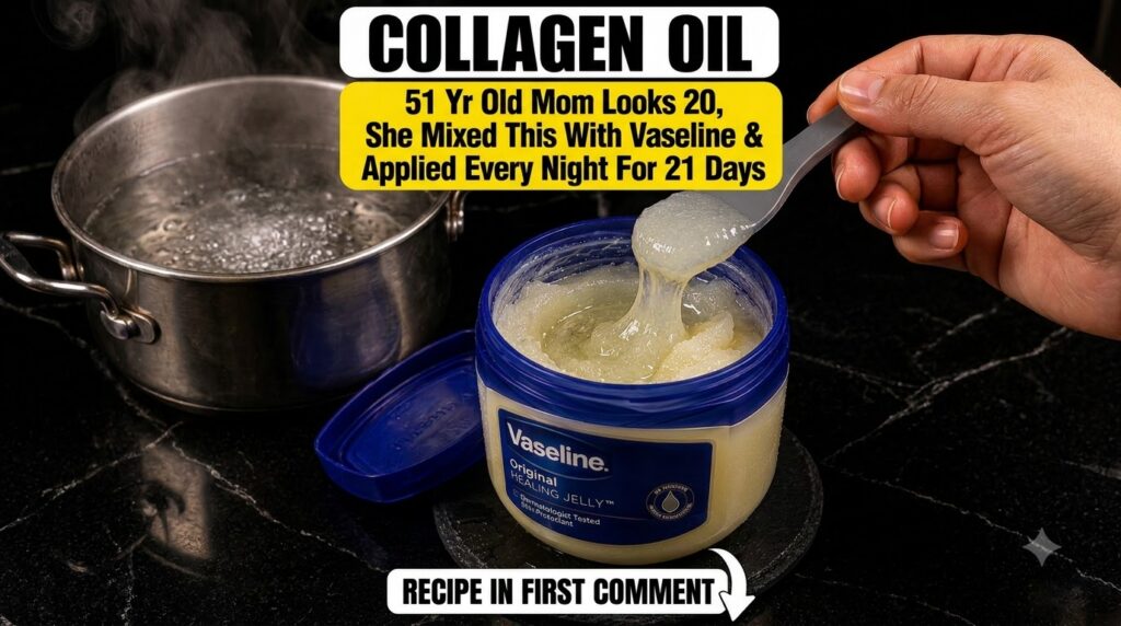 A close-up shot of a hand using a spatula to mix Vaseline and a pale yellow collagen oil in a small heatproof bowl posit