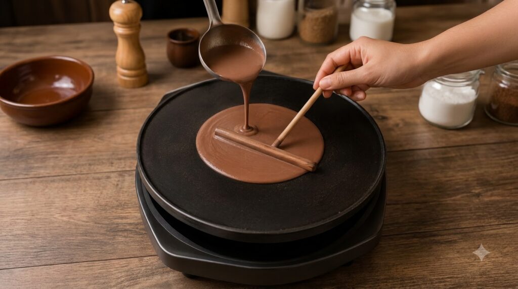 Chocolate batter being poured from a ladle onto a hot crepe maker with a hand spreading it