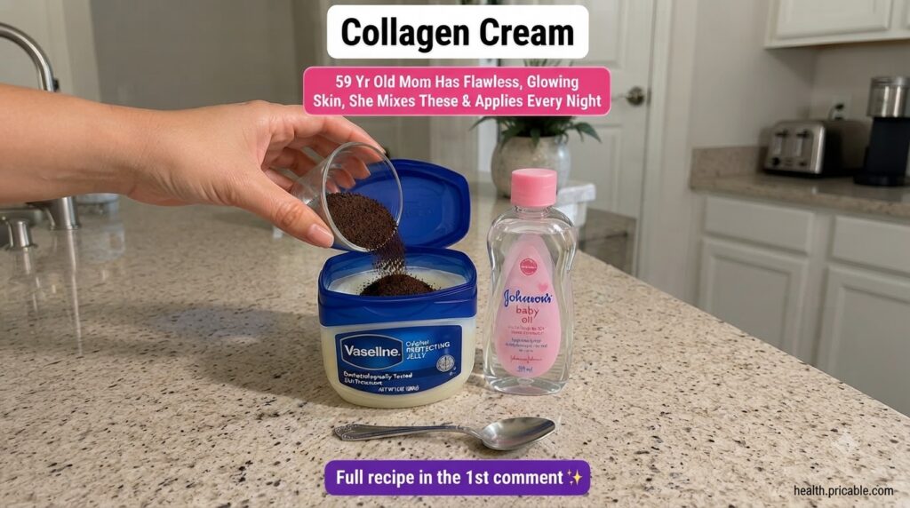 Hand pouring fine dark granules like coffee grounds into an open tub of Vaseline with baby oil and a spoon nearby on a s