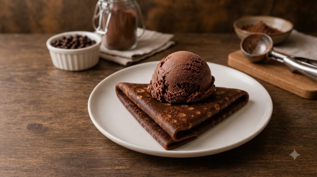 A rich chocolate crepe topped with a scoop of chocolate ice cream presented on a white plate In the blurred background t