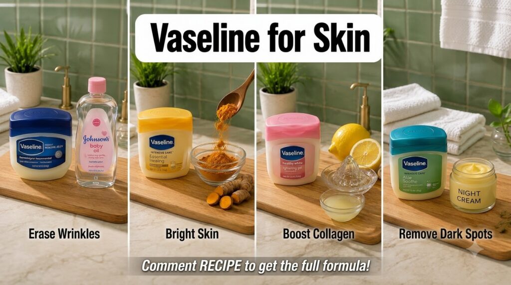 A four-panel grid showing different Vaseline products like Healing Jelly Essential Healing Aloe Soothe combined with nat
