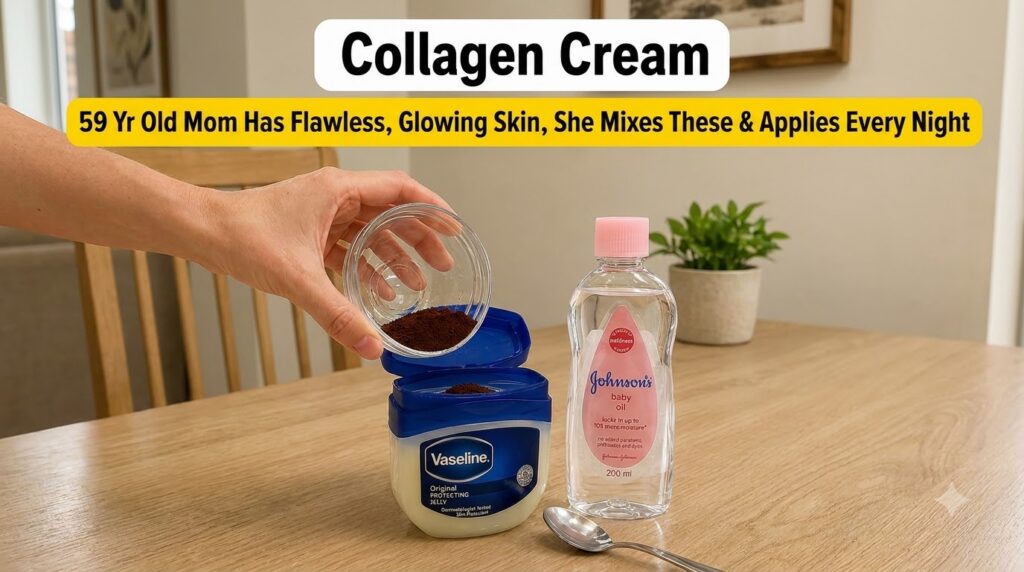 A hand holding a small glass bowl with dark powder over an open tub of Vaseline with a bottle of Johnson s baby oil near