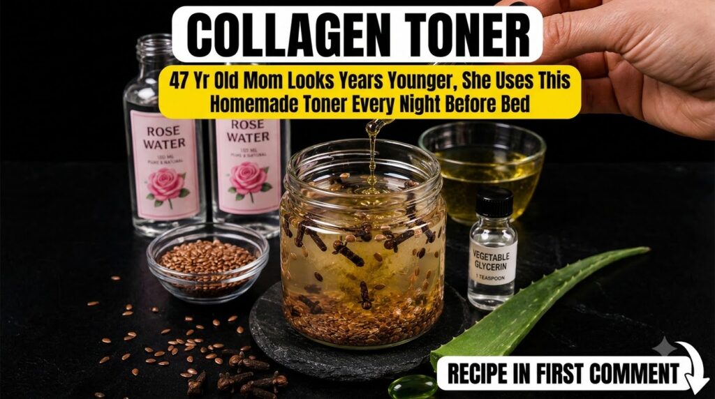 A glass dropper dispensing golden liquid into a jar containing flax seeds cloves and water surrounded by rose water a bo