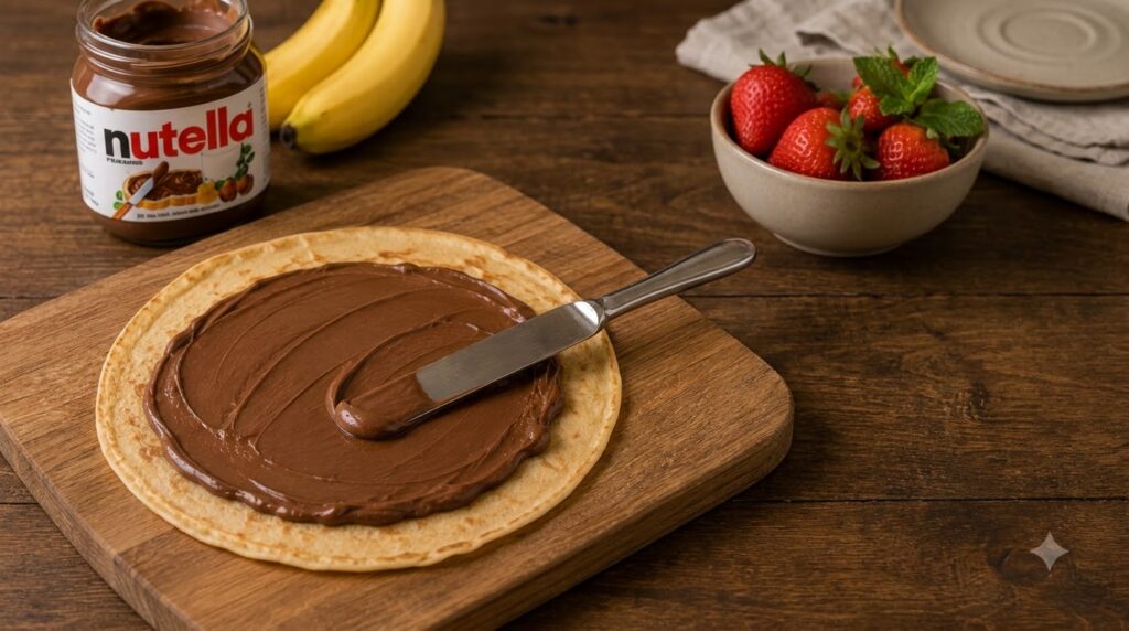 A close-up of a vegan crepe on a wooden board with a rich vegan chocolate hazelnut spread being applied by a spatula sur