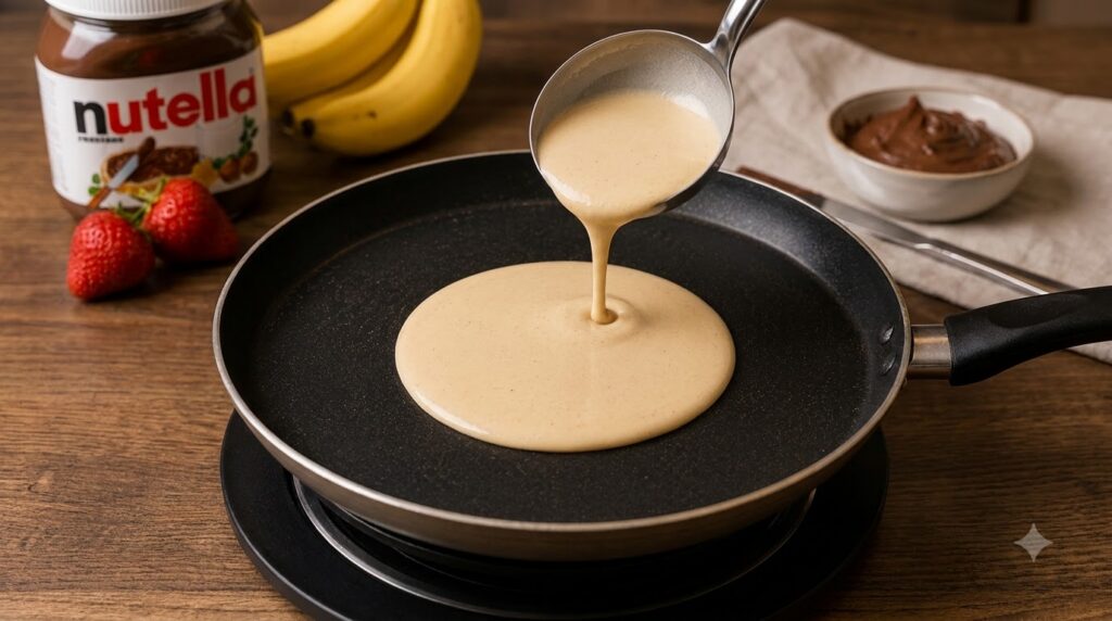 Pancake batter being poured from a silver ladle into a hot black non-stick pan creating a circular pancake In the soft b