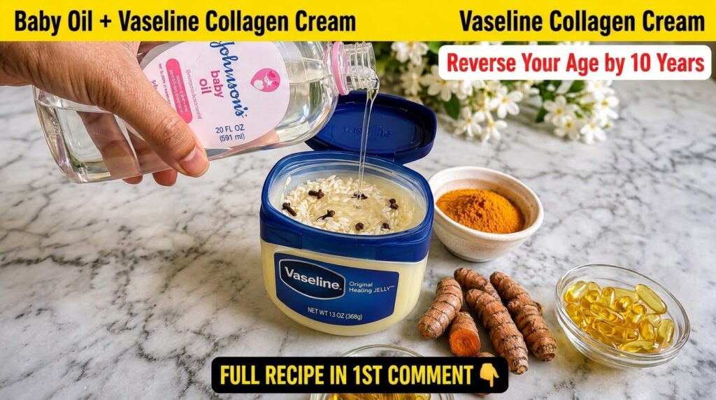 A hand pouring Johnson s baby oil into a tub of Vaseline rice grains and cloves with turmeric powder fresh turmeric root