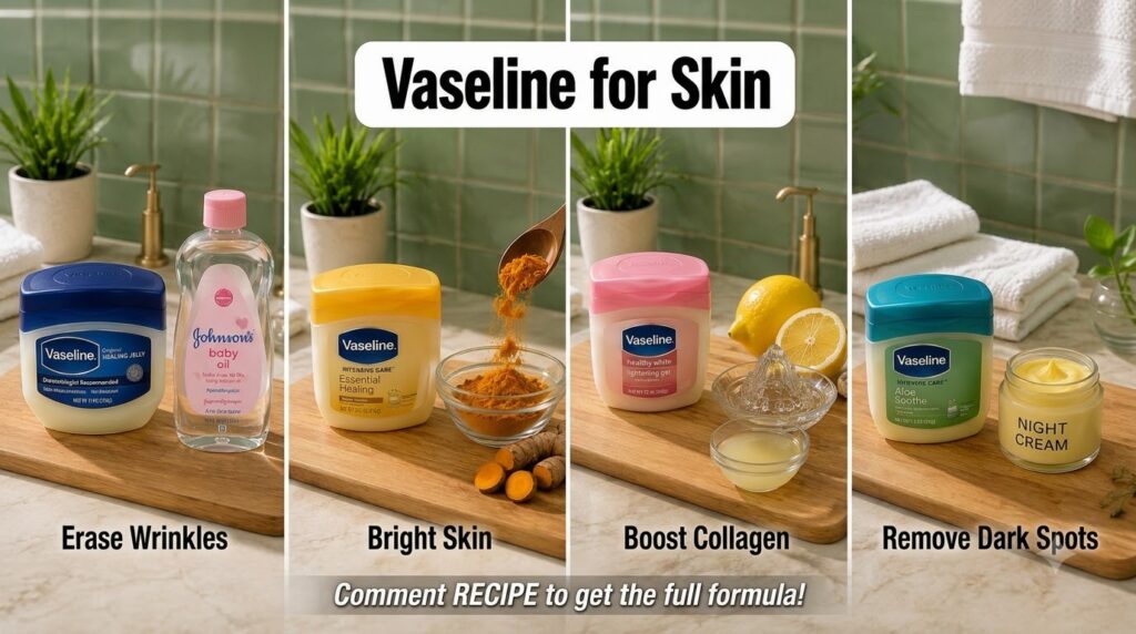 A vertical collage of four panels each showing a Vaseline product with natural ingredients like baby oil turmeric lemon