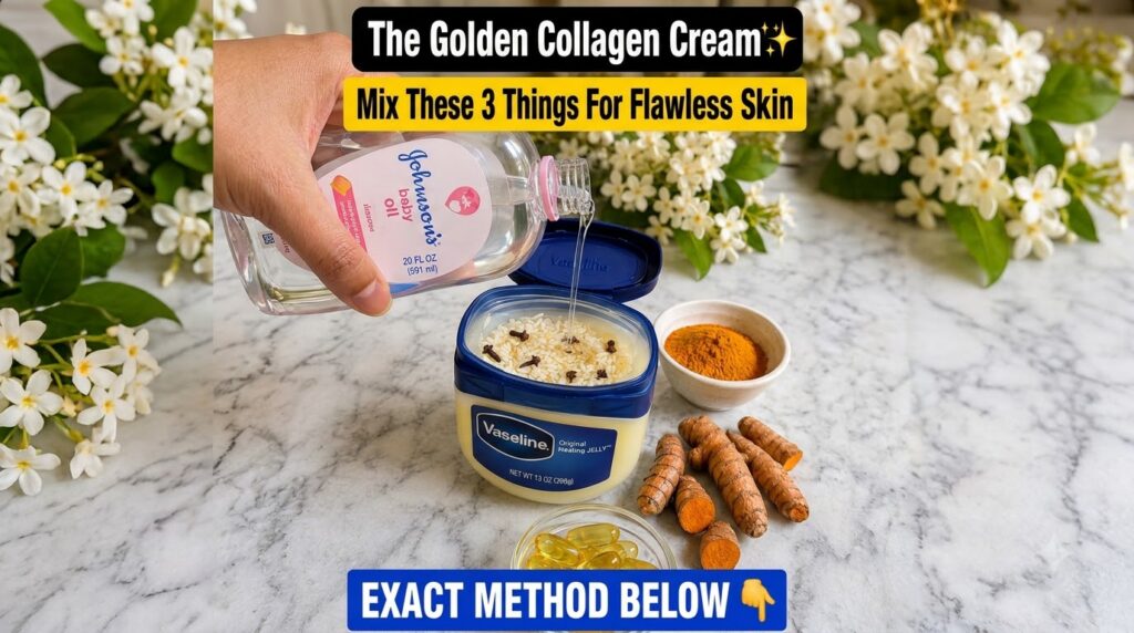 A flat lay of ingredients for a homemade beauty cream including an open container of Vaseline with rice grains and clove