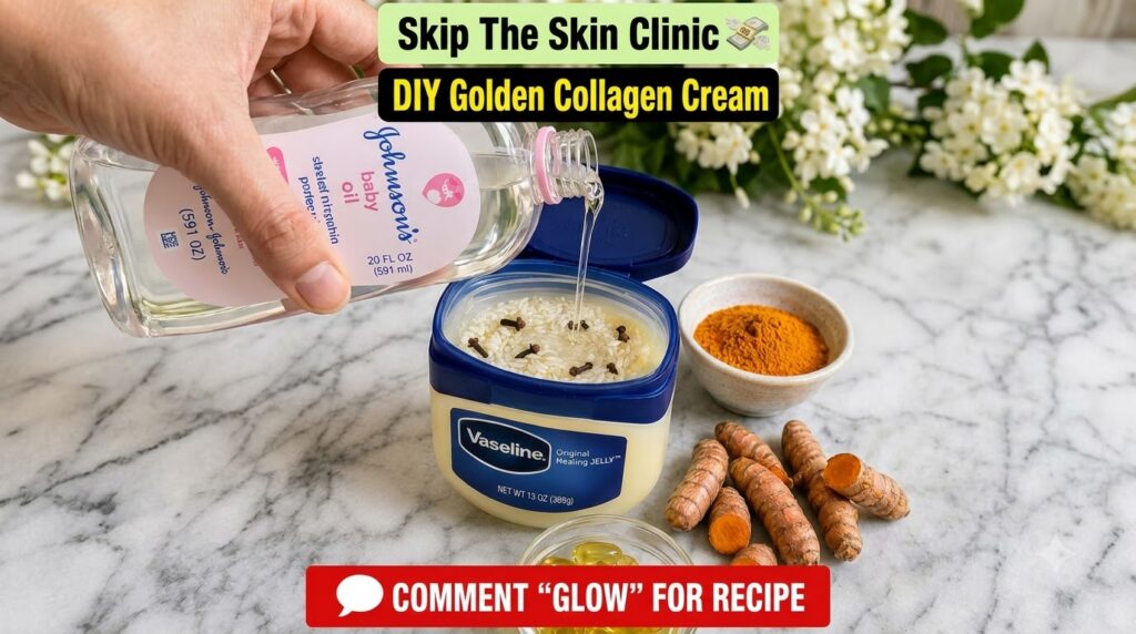 A hand pouring Johnson s baby oil into a large Vaseline jar containing rice cloves and liquid surrounded by turmeric pow