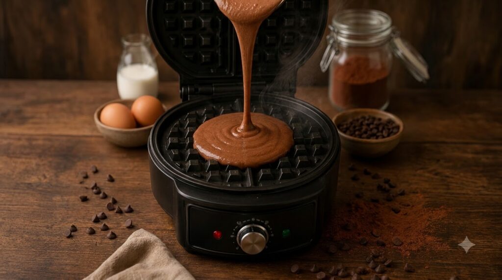 Close-up top-down view of rich chocolate waffle batter being poured from a metal ladle onto a hot open waffle maker with