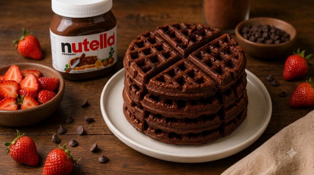 A stack of dark chocolate waffles on a white plate with blurred background elements like a jar of vegan chocolate spread